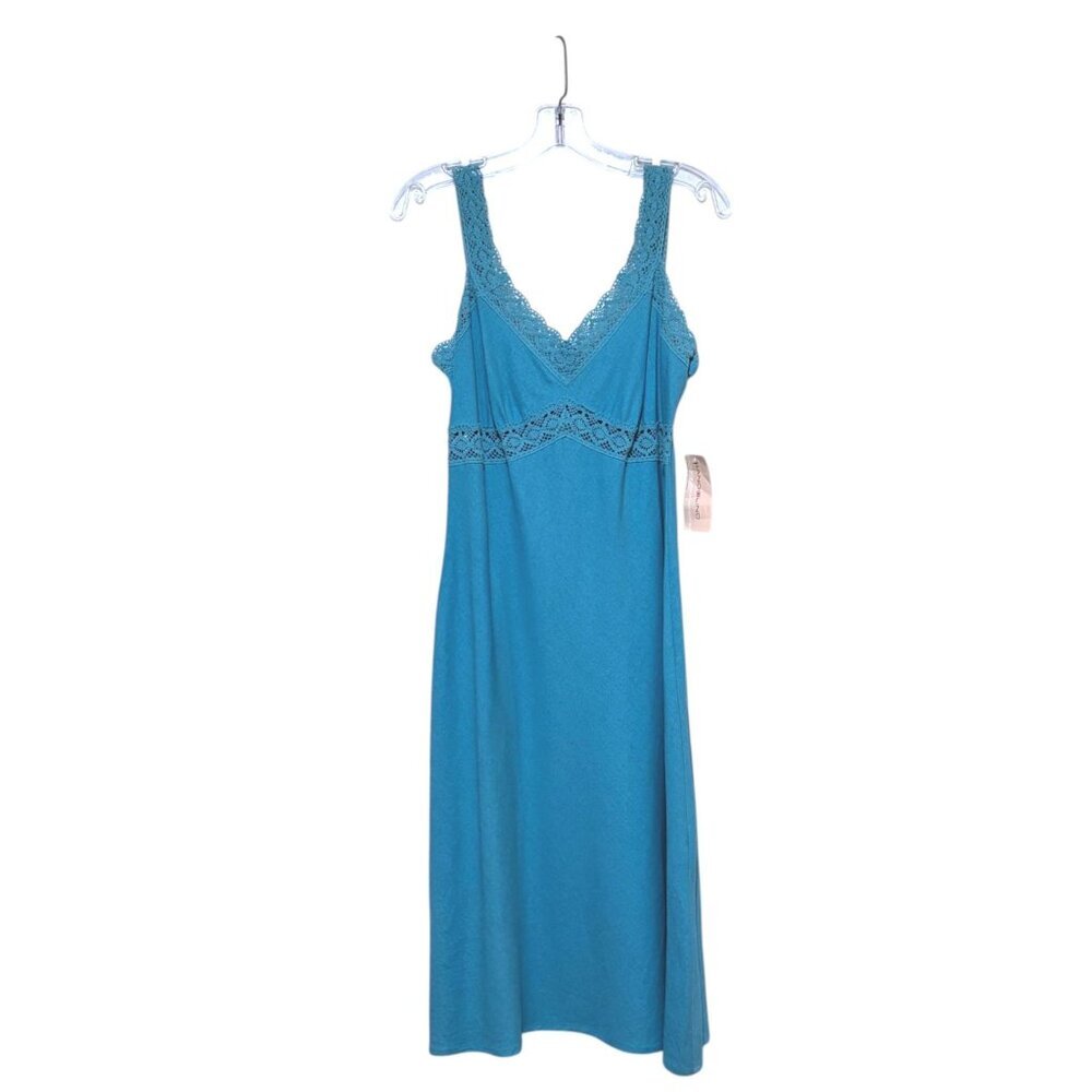 New Y2K Bandolino Linen Blend Babydoll Dress 10 Lace Resort Minimalist Cerulean